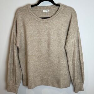 Max Studio Womens Crewneck Sweater Size L Beige Knit Puff sleeve